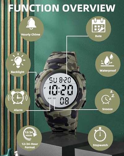 CakCity Digital Watch Mens, Waterproof Sport Wristwatch, Referee Stopwatch - color: Green Camouflage