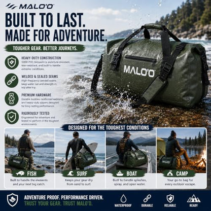 Malo’o Waterproof Dry Duffel, Heavy-Duty Roll Top Waterproof Gear Bag with Shoulder Strap & Molle Loops, Marine Duffel for Kayaking, Boating, Camping, Beach & Travel, Black, 40L - color: Black, size: 40L