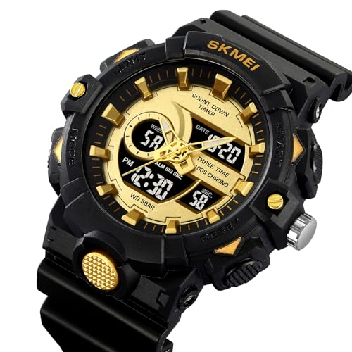 FANMIS Men's Analog Digital Sports Watch 50M LED Backlight Military Watch - color: Black Gold