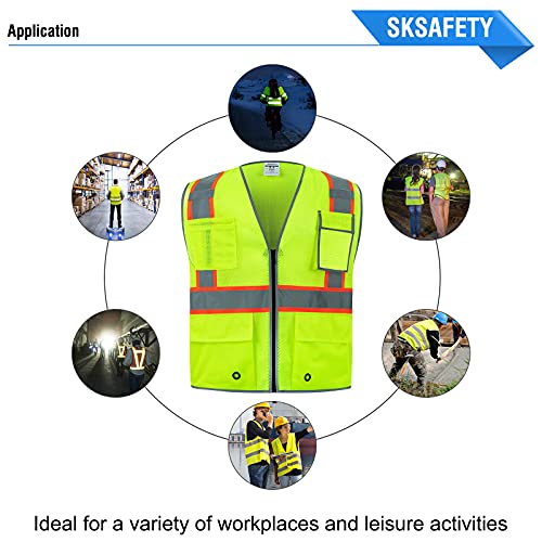 SKSAFETY 10 Pockets Safety Vest, Class 2 High Visibility Security with Zipper Double-sided mesh, Hi Vis Vest with Reflective Strips, ANSI/ISEA Standard, Construction Work Vest （Lime, 4XL） - color: Yellow Mesh, size: 4X-Large