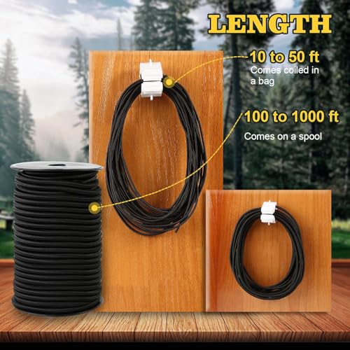 Strong and Durable Bungee Cord Roll - 1/4" x 100ft Elastic Cord, Kayak Stretch String Rope, Bungee Shock Cords for Repairing Tent Poles, DIY, Tie Downs, Black - size: 1/4" x 100ft