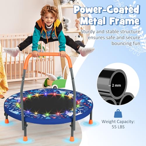 GYMAX 36” Toddler Trampoline with Lights, Folding Springless ASTM Approved Small Kids Rebounder with Foam Handle, Safety Padded Cover & Foldable Legs, Mini Indoor Baby Trampolines (Dark Blue)