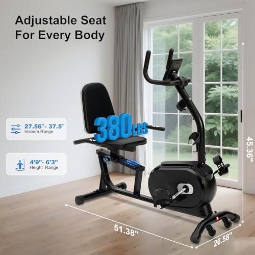 Recumbent Exercise Bike for Seniors & Adults - Quiet Recumbent Stationary Bikes for Home, Bluetooth App, 16-Level Resistance, Adjustable Seat, Supports 380LB, LCD Display & Pulse Sensors