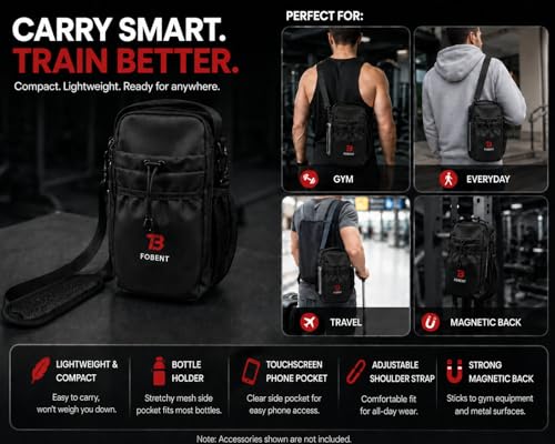 Compact Gym Organizer Bag with Phone Pocket & Bottle Holder, Magnetic Back for Flat Metal Surfaces, Gym Essentials Bag for Keys, Towel, Straps, Earbuds & Workout Accessories