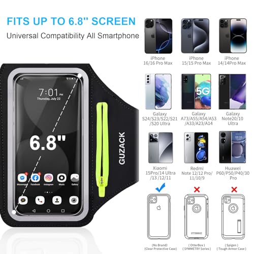 GUZACK Running Armband for iPhone 17 16 15 14 13 Pro Max, Galaxy S25 S24 S23 S22, with Card Slot & Key Pockets, Running Phone Holder, Fit Up to 6.9 Inches Phone - Size L (Bigger Arm 14-17 in) - color: Green Zipper (Up to 6.9"), size: L