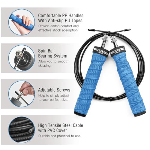 WYOX Weighted Jump Rope Adjustable Skipping Rope for Men & Women Dual Cable System with Thick & Light Cable Perfect for Double Unders, Boxing, CrossFit, Cardio, Endurance, and Fitness Training - color: Blue