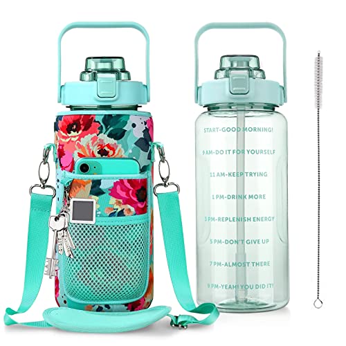 Half Gallon Water Bottle with Sleeve, 64OZ Motivational Water Bottle - color: Green Rose