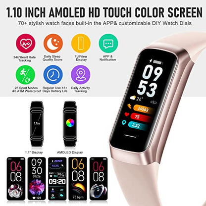 Fitness Tracker with 24/7 Heart Rate Blood Pressure Blood Oxygen Sleep Monitor, 1.1" AMOLED Touch Screen Activity Trackers, Waterproof Step Counter Health Pedometer for Women - color: pink