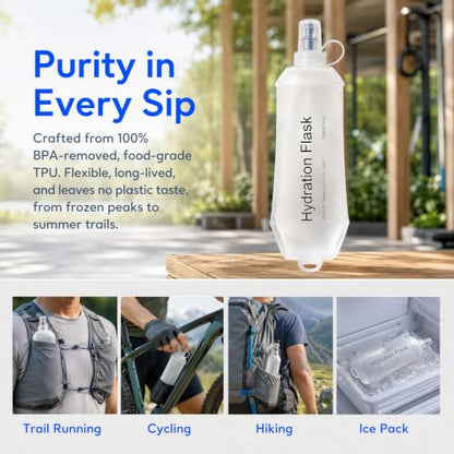 2 Pack 500ml Soft Flask, TPU Collapsible Soft Water Bottle for Hydration Pack, Running Vest, BPA-Free Leak-Proof Folding Water Bottle for Hiking Cycling Climbing