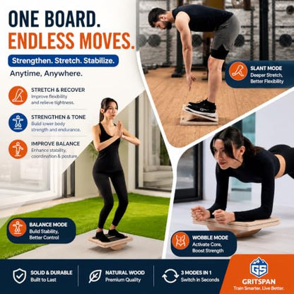 Slant Board for Exercise, 3-in-1 Wooden Calf Stretcher, Rocker Balance Board and 360° Wobble Board, 5 Adjustable Angles, Anti-Slip Surface, Training Poster Included