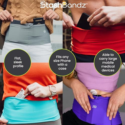 StashBandz Running Belt, Fanny Pack, & Money Belt, 4-Pocket Phone Holder - color: Black, size: Small