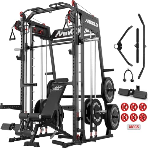 Mikolo M4 2.0 Smith Machine, 2200lbs Squat Rack with LAT-Pull Down System & Cable Crossover Machine, Training Equipment with Leg Hold-Down Attachment - color: Black, size: M4 2.0 Ultra Package (with Black BP370lbs)