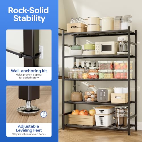 36.4" W Storage Shelves, 5-Tier Metal Shelving Unit with Leveling Feet - color: Black
