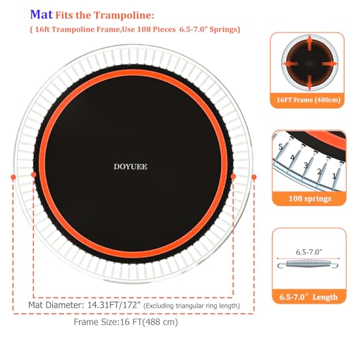 Trampoline Mat Replacement-Fits 16FT Frame with 108 Rings Fits 6.5-7.0" Springs-Mat Diameter 14.3ft (172inch), Not Include Spring and Frame