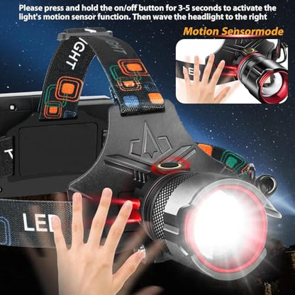 UVER Rechargeable LED Headlamp 125° Wide Angle LED Headlamp Rechargeable, Super Bright 90000LM Head Lamp with 8 Light Modes, IPX7 Waterproof Headlight for Camping Hiking Running Fishing Work