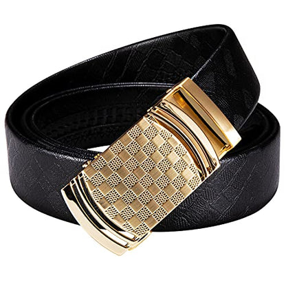 Dubulle Mens Ratchet Belt Gold Click Buckle Adjustable Leather Belts - color: Gold Plaid, size: Adjustable from 24" to 38" Waist
