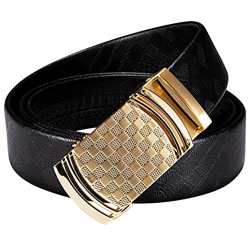 Dubulle Mens Ratchet Belt Gold Click Buckle Adjustable Leather Belts - color: Gold Plaid, size: Adjustable from 44" to 53" Waist