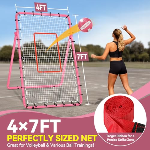 6 Adjustable AnglesVolleyball Rebounder Net 7x4 FT Bounce Back Trainer - color: Pink