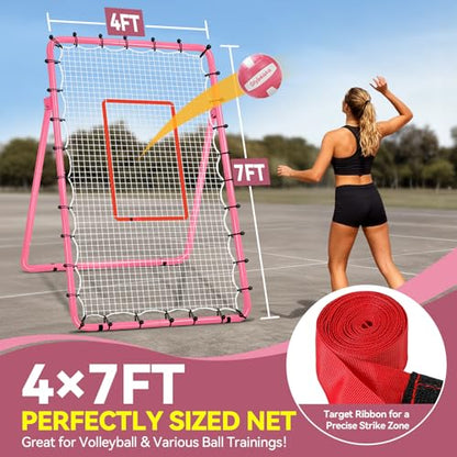 6 Adjustable AnglesVolleyball Rebounder Net 7x4 FT Bounce Back Trainer - color: Pink