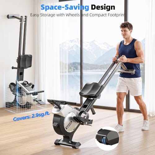 RAMXE Rowing Machine for Home，Magnetic Rowing Machine with 16 Levels，Rower Machine of Quiet Resistance，Foldable Exercise Equipment，Dual Slide Rail with Max 350lbs Weight Capacity，App Compatible