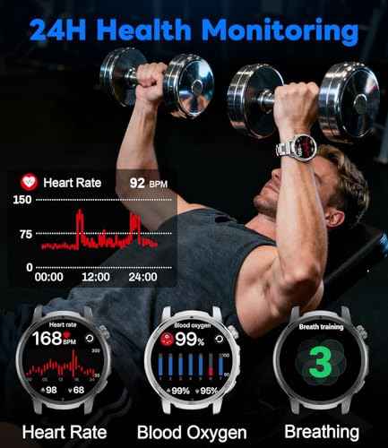 Military Smart Watch for Men Answer/Make Call, 1.85'' HD Rugged Smartwatch with 1000mAh Battery/Flashlight/Heart Rate/110+ Sports Mode, IP68 Waterproof Fitness Tracker Watch for Android iPhone - color: Silver
