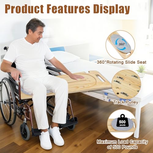 Wooden Slide Transfer Board,31x11" Transfer Board with Track Pulley Turntable,Made of Heavy-Duty Wood for Patient,Holds up to 500 Pounds,Suitable for Patient Senior and Handicap Move Assist