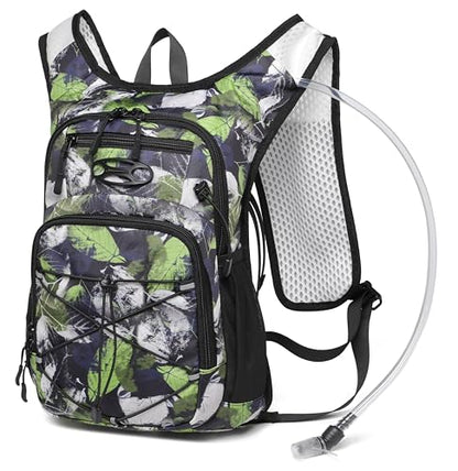 Wotony Lightweight Hydration Backpack with 2LOR 3LWater Bladder for Cycling Hiking Rave - Water Daypack for Men Women - color: green leaves
