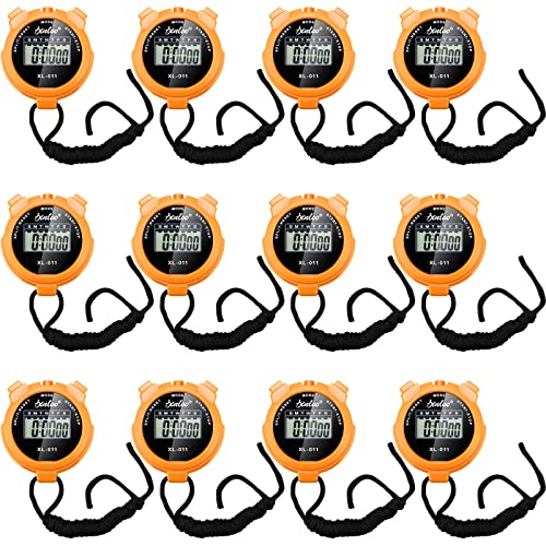 TOODOO 12 Pack Multi Function Digital Stopwatch Timer Bulk Sports Stopwatch with Lanyard Plastic Display Waterproof Date Time Alarm Timer for Coaches Fitness Referees - color: Orange