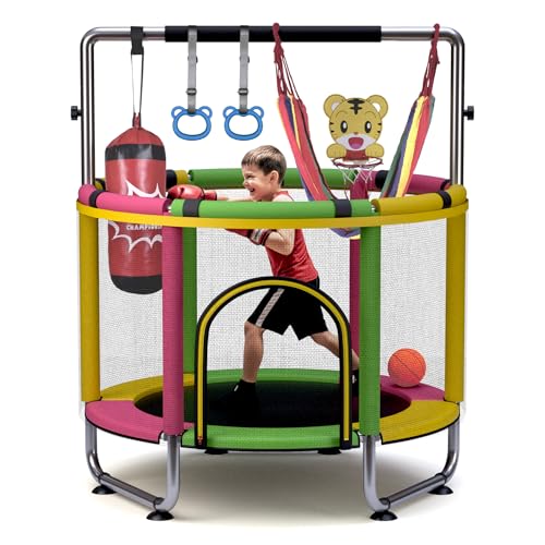 Trampoline for Kids 55inch Toddler Mini Small Trampoline Outdoor Indoor Basketball Hoop, Swing, Gift for Baby, Toddlers & Kids Ages 3-6 - color: Yellow+Pink+Green