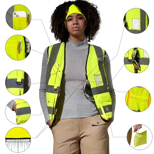 A-SAFETY High Vis Safety Vest for Women - Reflective Strips, Multi-Pockets, Zipper Closure - color: Yellow, size: XXXXX-Large