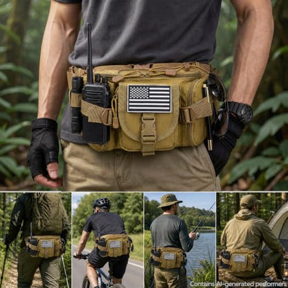 Fanny Pack Waist Packs, Large Crossbody Tactical Fanny Packs for Women Men, Waterproof Hiking Belt Bag with 5 Zipper Pockets, Hip Bum Bag with U.S Patch, Waist Pouch for Outdoor Fishing - Mud - color: Mud