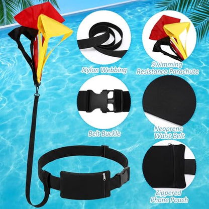Foilswirl 4 Pcs Swimming Parachute Resistance Training Set Adjustable Swim Belt with Zippered Phone Pouch 3 Interchangeable Drag Parachute for Progressive Strength Endurance Speed Training