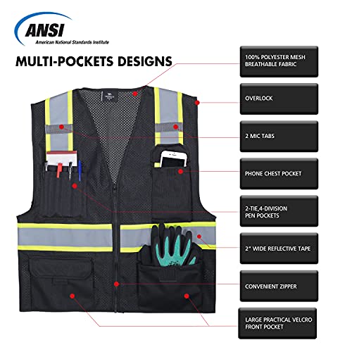VENDACE Hi Vis Safety Reflective Mesh Vest for Men ANSI Class 2 High Visibility Vest with 8 Pockets and Zipper - color: Black, size: XX-Large
