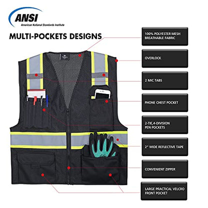 VENDACE Hi Vis Safety Reflective Mesh Vest for Men ANSI Class 2 High Visibility Vest with 8 Pockets and Zipper - color: Black, size: X-Small