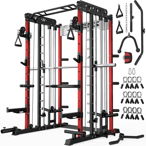 JELENS Smith Machine for Home Gym, Multi-Function M12 Power Cage with Cable Crossover System, Squat Rack with Smith Bar and More Attachment - color: Red, size: M12 Smith Machine Package