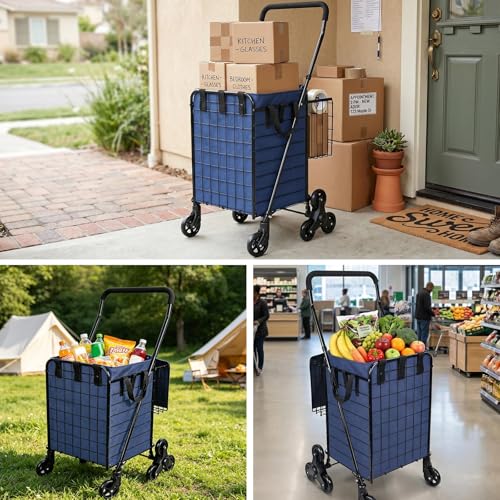 Kiffler Stair Climber Grocery Cart w/Waterproof Liner & Tri-Wheels - color: Black+blue Bag