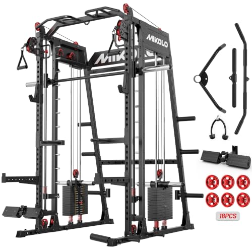 Mikolo M4 2.0 Smith Machine, 2200lbs Squat Rack with LAT-Pull Down System & Cable Crossover Machine, Training Equipment with Leg Hold-Down Attachment - color: Black, size: M4 2.0 Elite