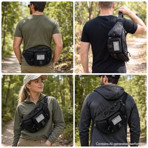 Tactical Fanny Pack for Men Women, Large Waist Packs with 5 Zipper Pockets, Adjustable Strap Hip Belt Bag for Outdoor Hiking Fishing Running Traveling, Crossbody Bumbag with Patch - Black - color: Black
