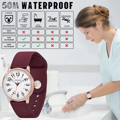 TKIIOER Nurse Watch for Nurse Medical Professionals Students Women Men, 50M Waterproof 12/24 Hour Military Time Luminous Easy Read Dial, Second Hand Watch for Nursing - color: Rose Wine Red