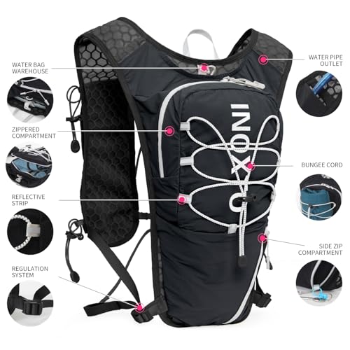 IX INOXTO Running Vest for Women Men, Adjustable Chest Straps Running Hydration Vest with 500ml Soft Flask, Lightweight Breathable Reflective Hydration Backpack for Hiking - color: Black with 1.6L