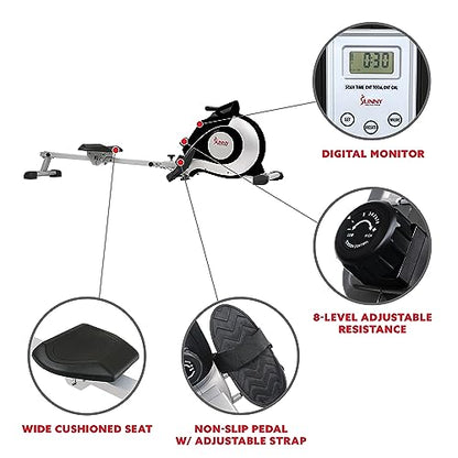 Sunny Health & Fitness Magnetic Rowing Machine Rower with 8-Level Resistance, 53.4" Extended Slide Rail & Digital LCD Display - SF-RW520084S