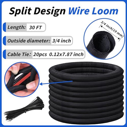30ft - 3/4in Split Braided Sleeve Cable Management, Self-Wrapping - size: 3/4inx30ft