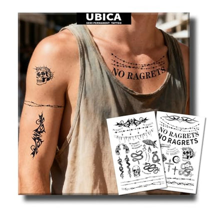 Semi Permanent Tattoo, No Ragrets Barbed Wire Skull Design, Large - color: barbed wire tramp