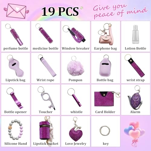 Personal Safety Keychain Set for Women, Self Defense Kit with 130DB Alarm, Wristlet, Emergency Tools - color: Purple