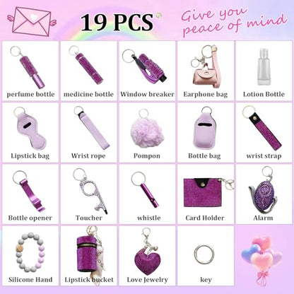 Personal Safety Keychain Set for Women, Self Defense Kit with 130DB Alarm, Wristlet, Emergency Tools - color: Purple