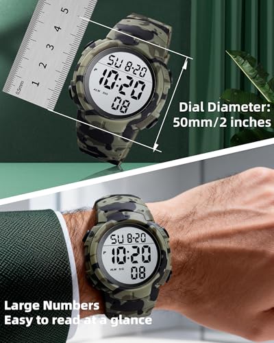 CakCity Digital Watch Mens, Waterproof Sport Wristwatch, Referee Stopwatch - color: Green Camouflage
