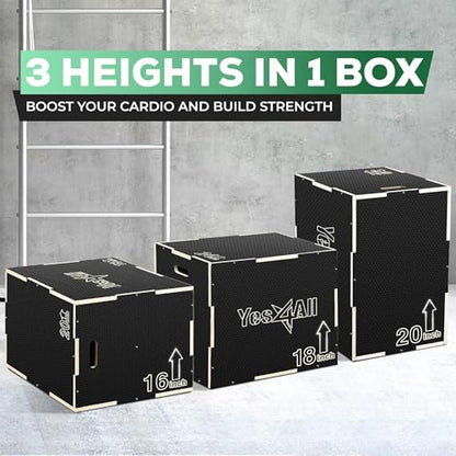 Yes4All 3 in 1 Non-Slip Wooden Plyo Box, Step Up Box for Workout, Plyometric Jump Box for Skipping, Jumping, Lunges, Squats, Dips - color: A. Black, style: 20" x 18" x 16"
