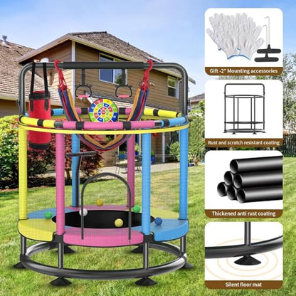 Trampoline for Kids, Full Anti-Rust 440lbs Anti-Rollover Round Bottom Toddler Trampoline, T-handrail Adjustable Baby Toddler Trampolines Dart Board - color: A3-Blue Yellow Pink, size: 60