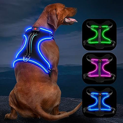 LED Light Dog Harness, X-Large, Black-Blue, No-Pull, Rechargeable, for Large Dogs - color: Black-Blue, size: XL