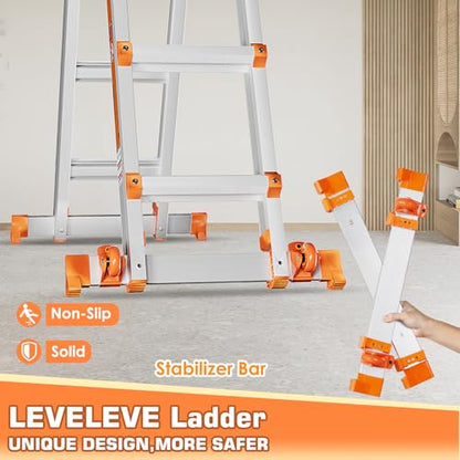 LEVELEVE 14FT Extension Ladder,A Frame 4 Step Ladder with Stabilizer Bar & Wheels,330 lbs Security Load Multi Position Ladder for Stairs Home Indoor Outdoor Roof - size: 4STEP